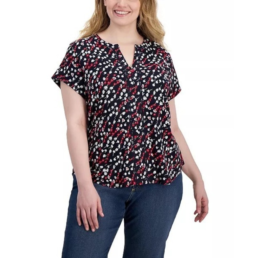 Tommy Hilfiger 1X Blouse Floral Top Black Red White Short Sleeve Ditsy Plus New